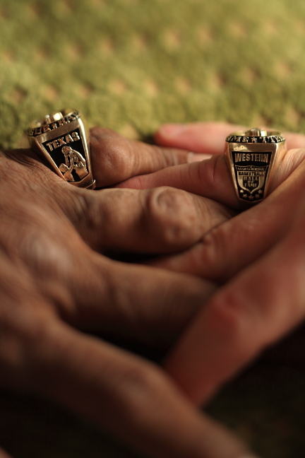 1966 NCAA Championship ring on Steve's hand, given to him by the Haskins family, and Nevil's own championship ring 